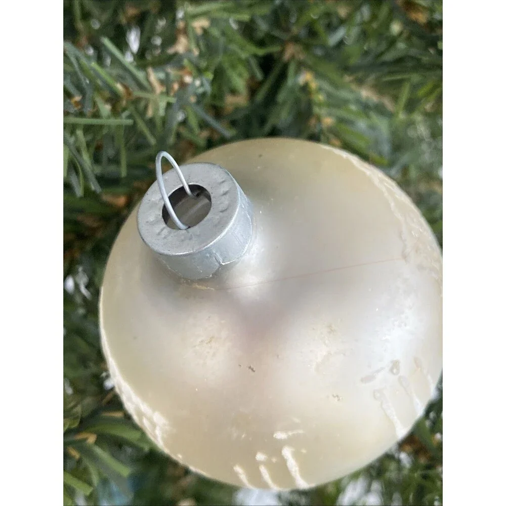 Vintage White Made USA MERRY CHRISTMAS Mica Stenciled Ball Ornament Holiday